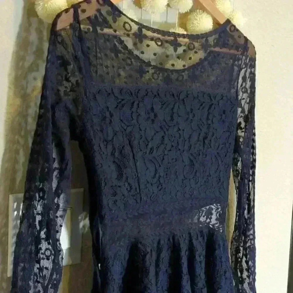H&M Divided Navy Lace Dress waist detail sheer sleeve fitted asymmetrical hem - Picture 3 of 6